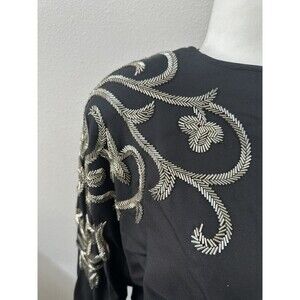 Bonnie Boerer Formal Silk Beaded Blouse Sz Med Black Silver 80s Bugle Beads